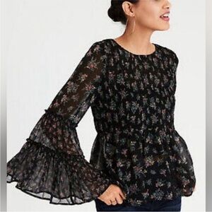 American Eagle Outfitters Black Floral Smocked Peplum Top Bell Sleeve Blouse